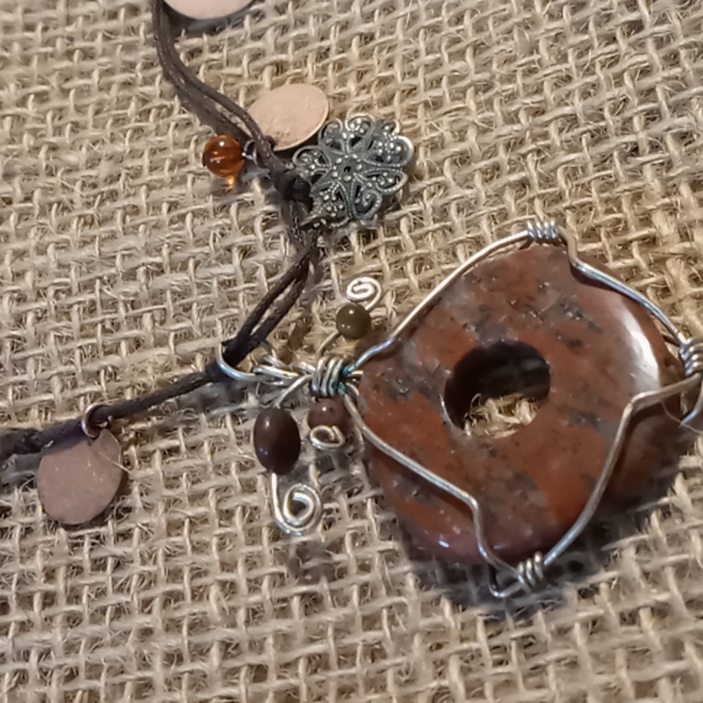 Natural fire agate pendant necklace boho style on nylon string beaded